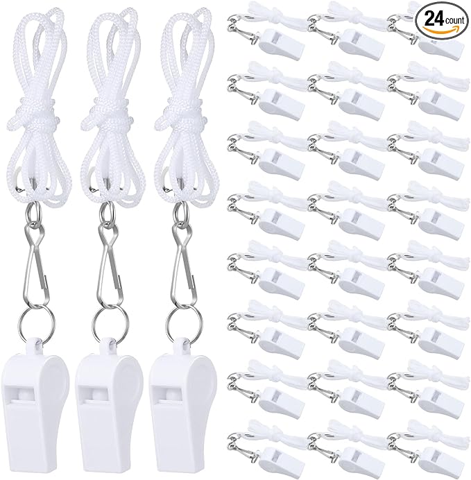 shappy 24 pieces plastic whistle with lanyard white loud crisp sound emergency sports whistle for teachers