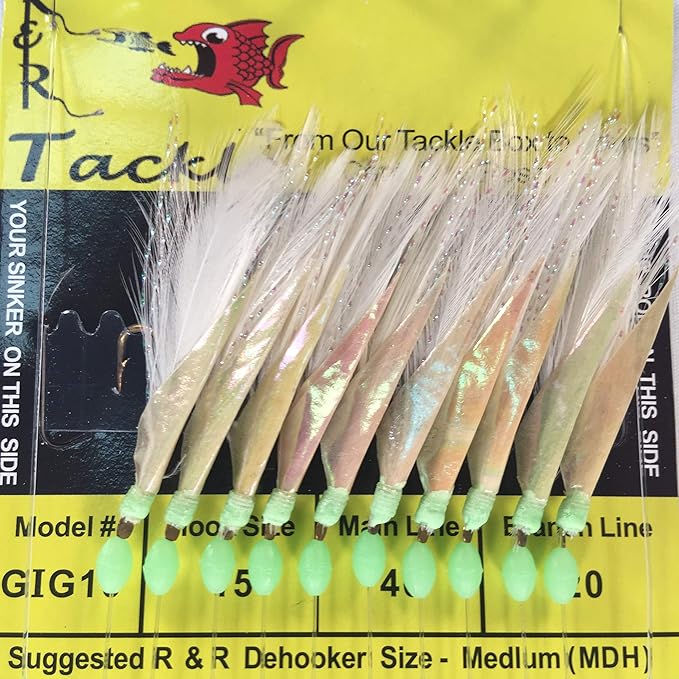 randr tackle gi10 bait rig 10 hooks with white feather and fish skin  ‎r&r tackle b0084egrtw