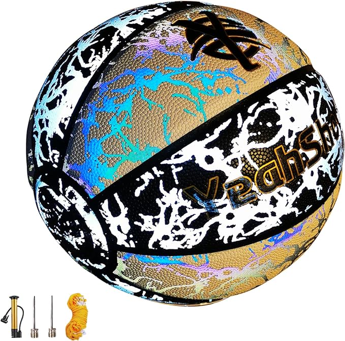 yeahshoot reflective holographic basketball size 7 light up basketball with pump for youth outdoor basketball