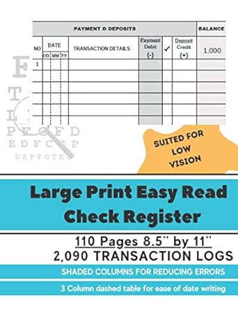 large print easy read check register 8 5 by 11 110 pages with 2090 transaction logs with shaded columns for