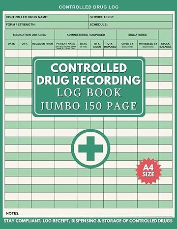 controlled drug recording book jumbo 150 page log with index to record administration of controlled