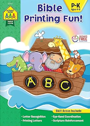 school zone bible printing fun workbook ages 4 to 6 preschool to kindergarten christian scripture old and new