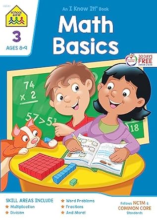 school zone math basics 3 workbook 32 pages ages 7 to 8 3rd grade multiplication division fractions fact
