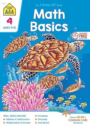 school zone math basics 4 workbook 64 pages ages 9 to 10  grade multiplication division symmetry decimals