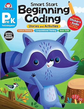 evan moor smart start beginning coding grade prek activity workbook includes stickers and audio read along