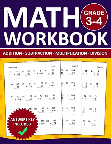 math workbook for grade 3 4 addition subtraction multiplication division exercises with answers key 3th and 