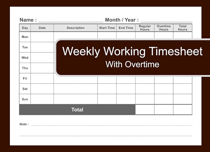 weekly working timesheet with overtime simple time recording for track work hours and ot as 7 days per week