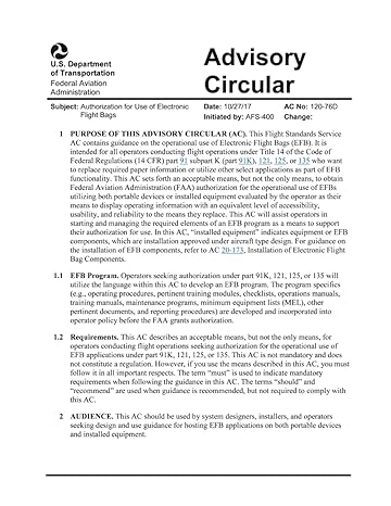 advisory circular authorization for use of electronic flight bags 1st edition federal aviation administration