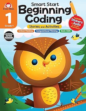 evan moor smart start beginning coding grade 1 activity workbook includes stickers and audio read along basic