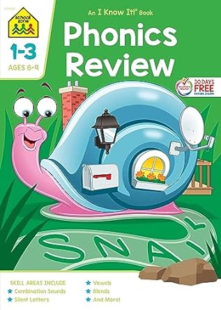 school zone phonics review 1 3 workbook 64 pages ages 6 to 9 grades 1 to 3 combination sounds short letters