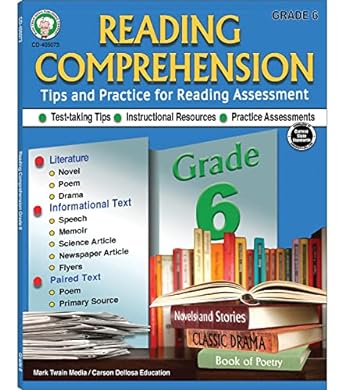 grade 6 reading comprehension workbook literature novels poetry science and newspaper articles speeches and