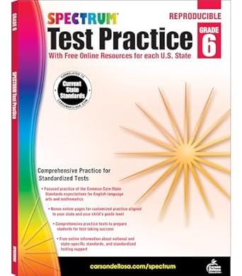 spectrum grade 6 test practice workbooks ages 10 to 11 math language arts and reading comprehension 6th grade