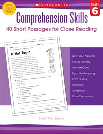 comprehension skills short passages for close reading grade 6 workbook edition linda beech 0545460573,