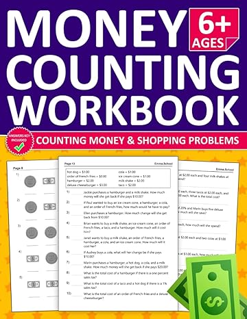 money workbook for ages 6+ with counting money and shopping problems math money workbook with money and