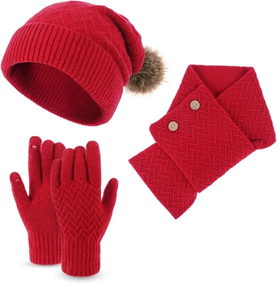 3 pieces winter hat scarf and gloves cold weather sets womens thick knit beanie cap with pom neck warmer