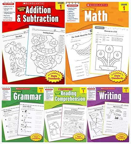 scholastic success with grade 1 complete 5 book set includes math addition and subtraction grammar reading