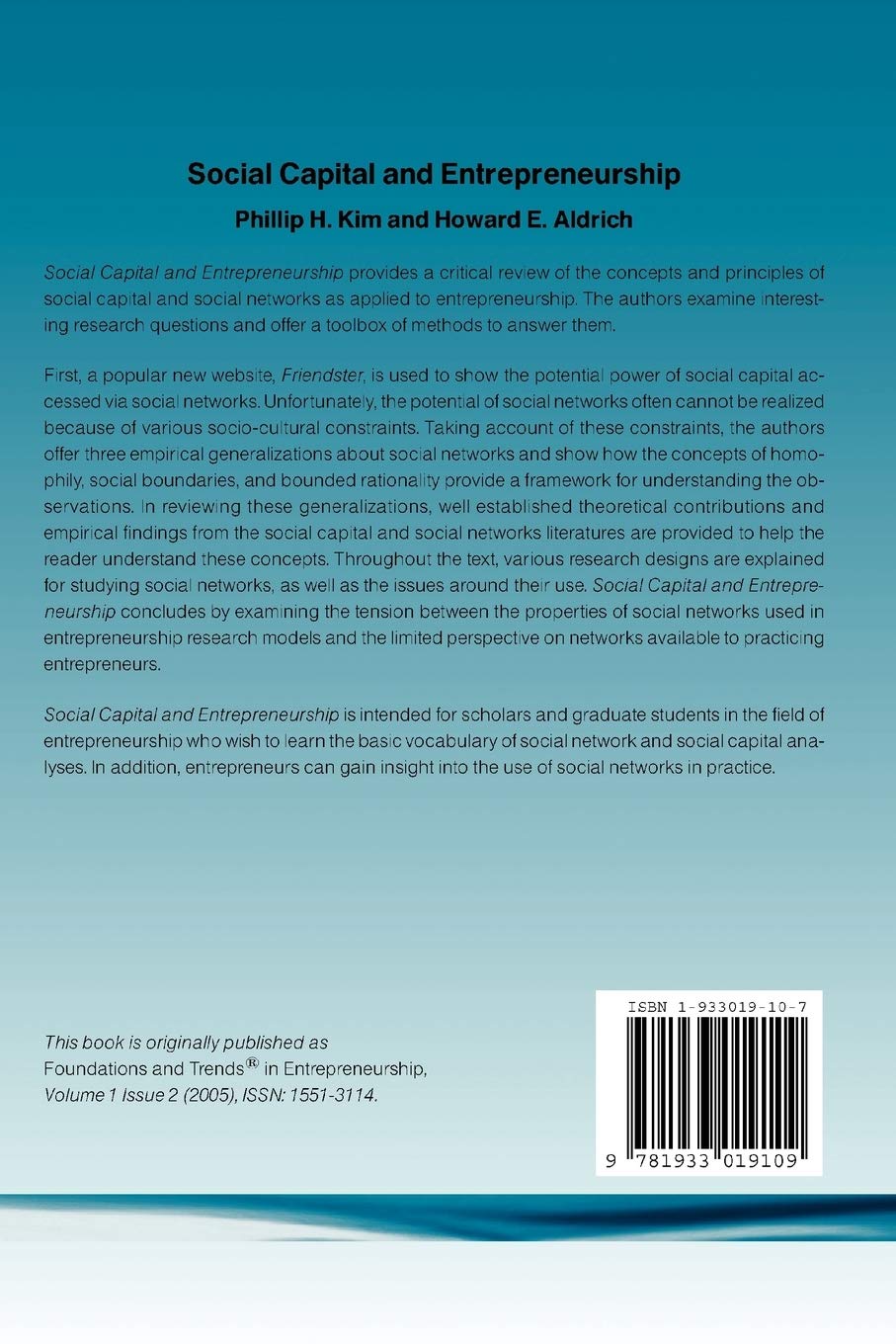 social capital and entrepreneurship in entrepreneurship 1st edition kim, phillip h., aldrich, howard
