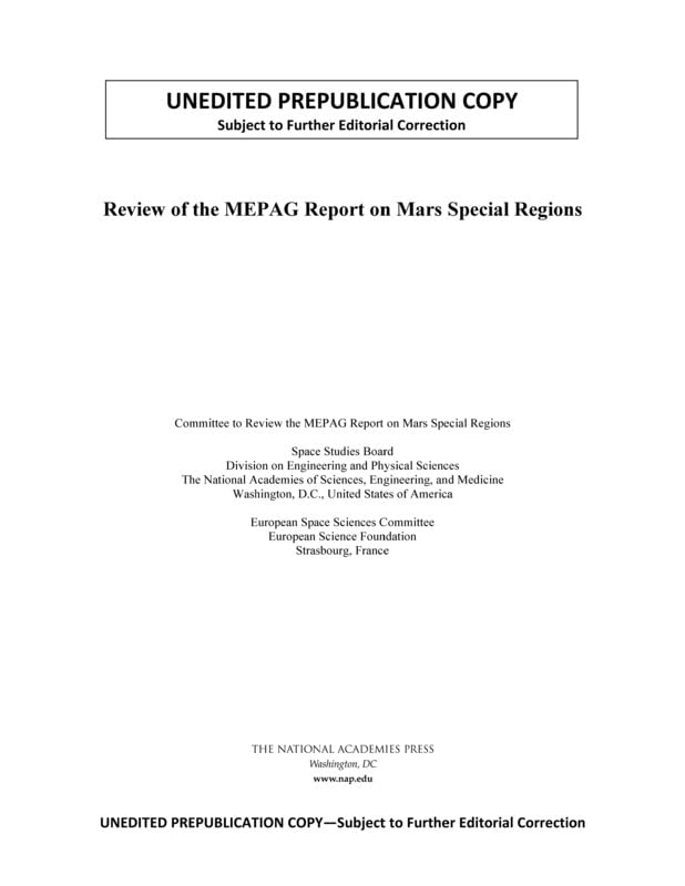 review of the mepag report on mars special regions  european science foundation, european space sciences