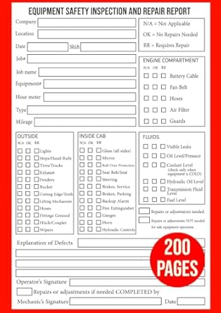 equipment safety inspection and repair report daily pre trip vehicle inspection report book for drivers and