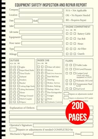 equipment safety inspection and repair report book detailed daily pre trip vehicle inspection report for