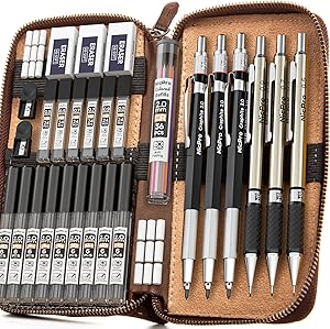 nicpro 30pcs art mechanical pencil set in leather case metal drafting pencil 0 5 mm 0 7 mm 0 9 mm and 3 pcs