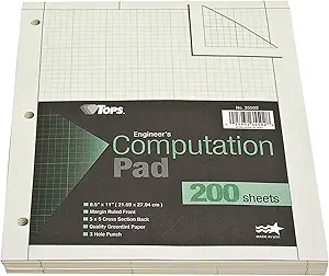 tops engineering computation pad 8 1/2 x 11 glue top 5 x 5 graph rule on back green tint paper 3 hole punched