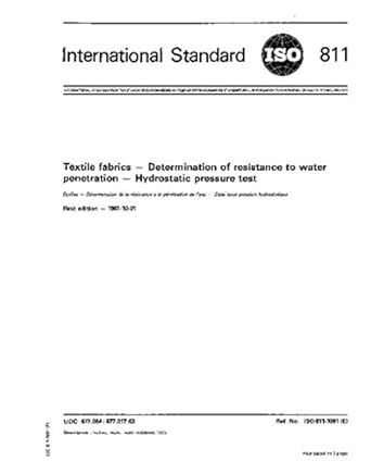 iso 811 1981 textile fabrics determination of resistance to water penetration hydrostatic pressure test 1st