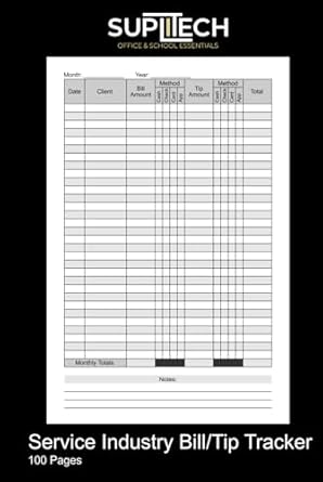 service industry professional bill payment and tip tracker 100 page 6 x 9 logbook to track date client bill