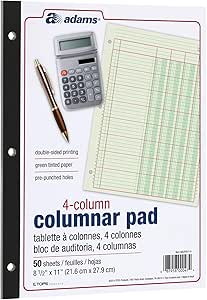 adams columnar analysis pad 4 column ledger 8 5 x 11 100 pages green 3 hole punch for accounting bookkeeping