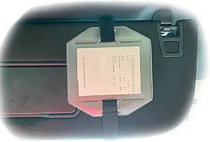 registration and insurance card document holder visor for vehicle securely holds with black stretch band and
