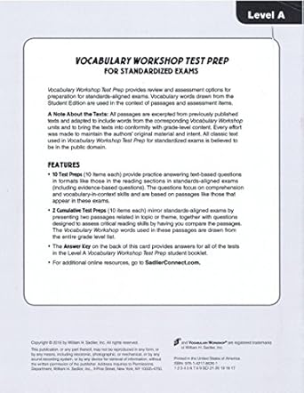 answer key for vocabulary workshop test prep for sat and act exams level a 1st edition sadlier oxford