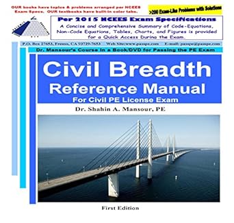 civil breadth reference manual for civil pe license 1st edition dr shahin a mansour 1940409438, 978-1940409436