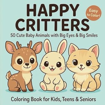 happy critters cute baby animals with big eyes and big smiles light a fun and easy coloring book for kids