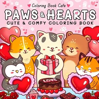 paws and hearts coloring book for adults and teens featuring cozy love scenes with adorable animal characters