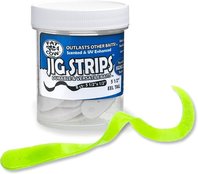 fat cow fishing jig strips eel tail 5 1/2 x 1/2 40x stronger than soft baits 8 baits  ?fat cow b07c17vss9