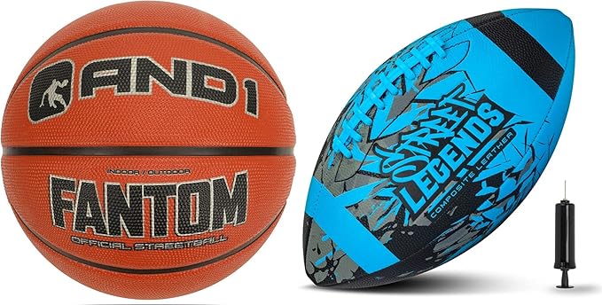 and1 basketball and street legends youth football bundle official regulation size 7 rubber basketball