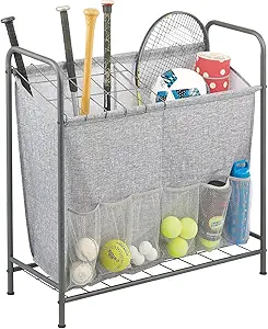 mdesign sports equipment organizer bin with front pockets basketball hockey stick football baseball bat