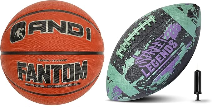 and1 basketball and street legends youth football bundle official regulation size 7 rubber basketball