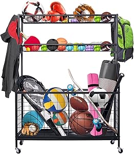 oududainzi garage sports equipment organizer sports ball storage ball holder with 2 long baskets 2 ball cart