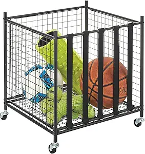 mdesign metal rolling sports equipment storage bin holder rack for garage gym holds sports equipment basket
