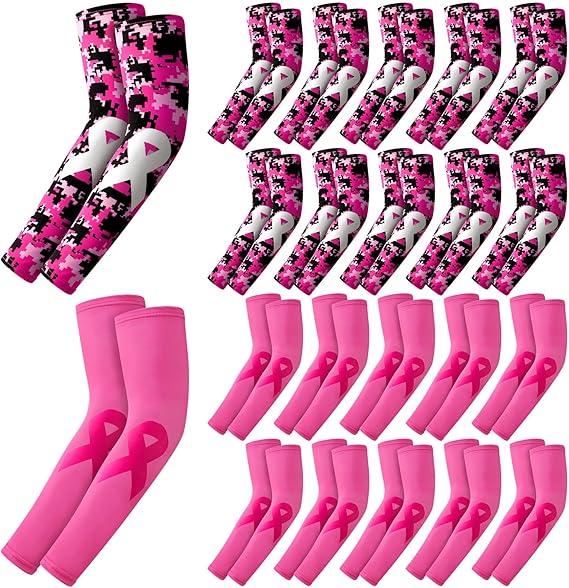 leumoi 20 pairs breast cancer arm sleeves pink ribbon compression arm cover women sports uv sleeves for