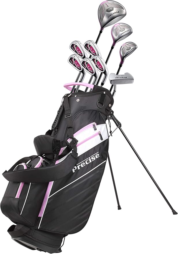 precise amg ladies womens  golf clubs set includes driver fairway hybrid 6 pw irons putter stand bag 3 h/cs