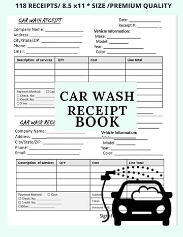 car wash receipt book car wash invoice auto wash receipt 118 receipts 2 receipts per page 8 5 x 11 inch 1st
