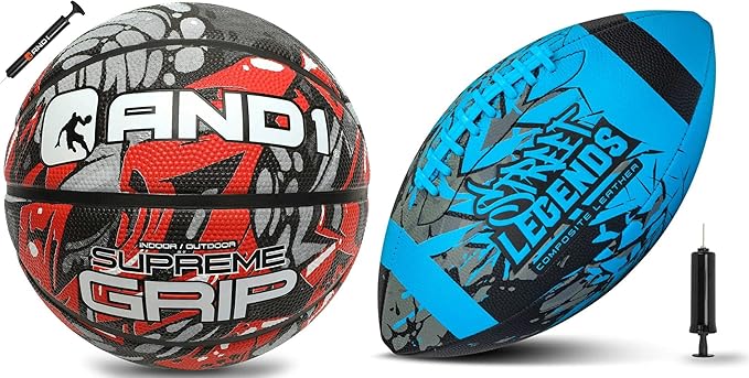 and1 basketball and street legends youth football bundle official regulation size 7 rubber basketball