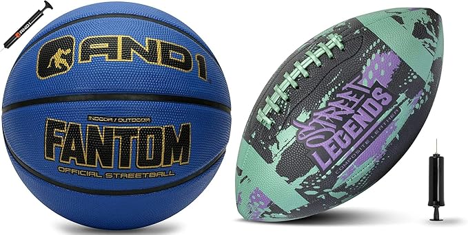 and1 basketball and street legends youth football bundle official regulation size 7 rubber basketball