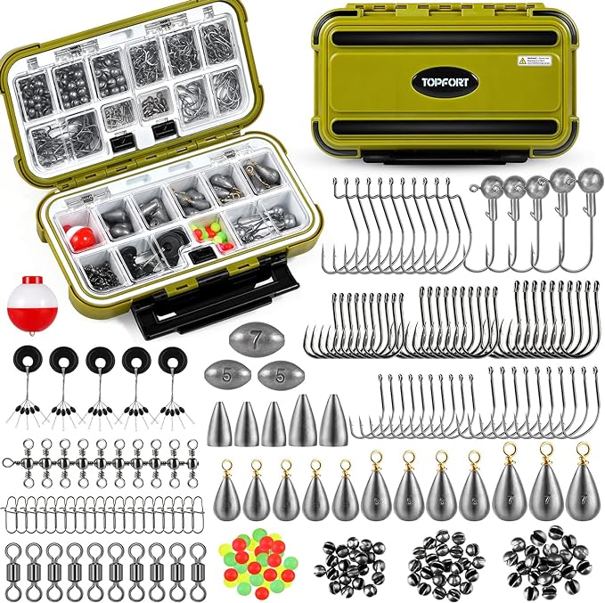 topfort 187/343pcs fishing accessories kit including jig hooks bullet bass casting sinker weights fishing
