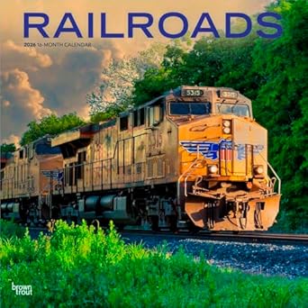 railroads 2026 12 x 24 inch monthly square wall calendar plastic free browntrout train transportation 1st