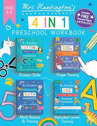 mrs huntingtons 4 in 1 preschool workbook ages 3 5 big all in one early learning activity book featuring