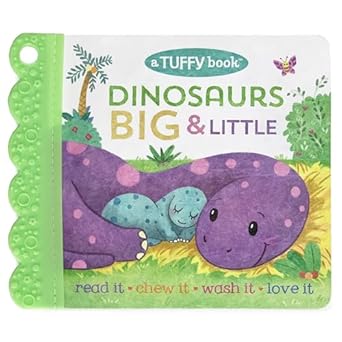 tuffy dinosaurs big and little washable chewable unrippable pages with hole for stroller or toy ring teether