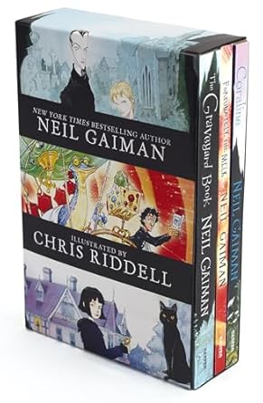 neil gaiman/chris riddell 3 book box set coraline the graveyard book fortunately the milk a must have for